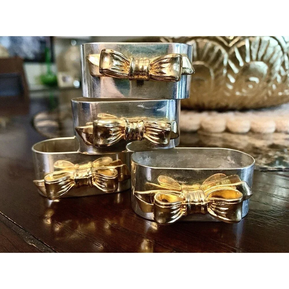 Vintage Regal Quality Silver Plated Napkin Rings Gold Bow Set of 4 Hong Kong